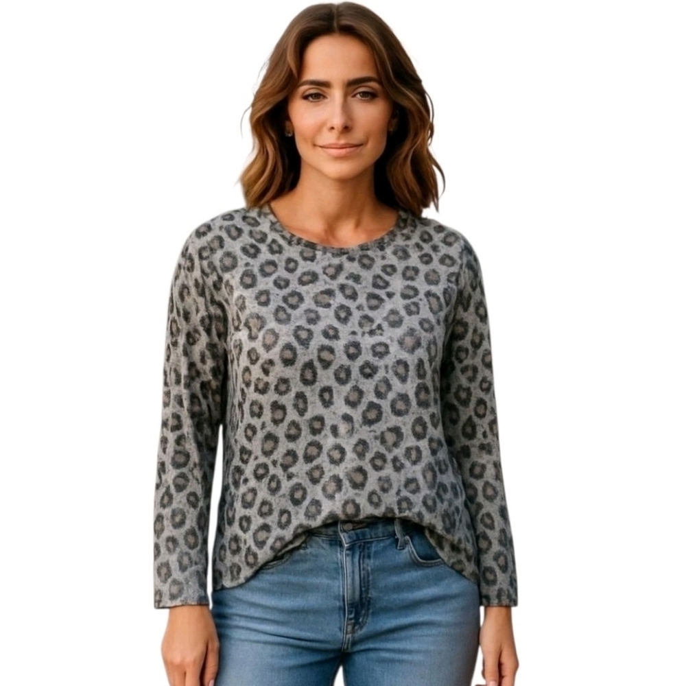 LUCKY Brand Gray Animal Print Pullover Jewel Neck 3/4 Sleeve T-Shirt Size Large